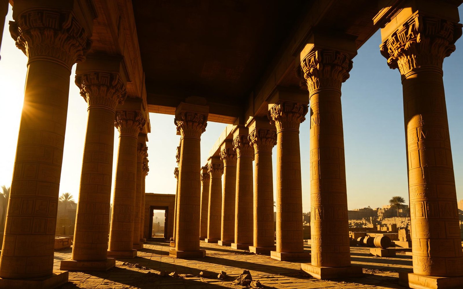 أعمدة معبد مصري قديم مع نقوش وخرائط تاريخية